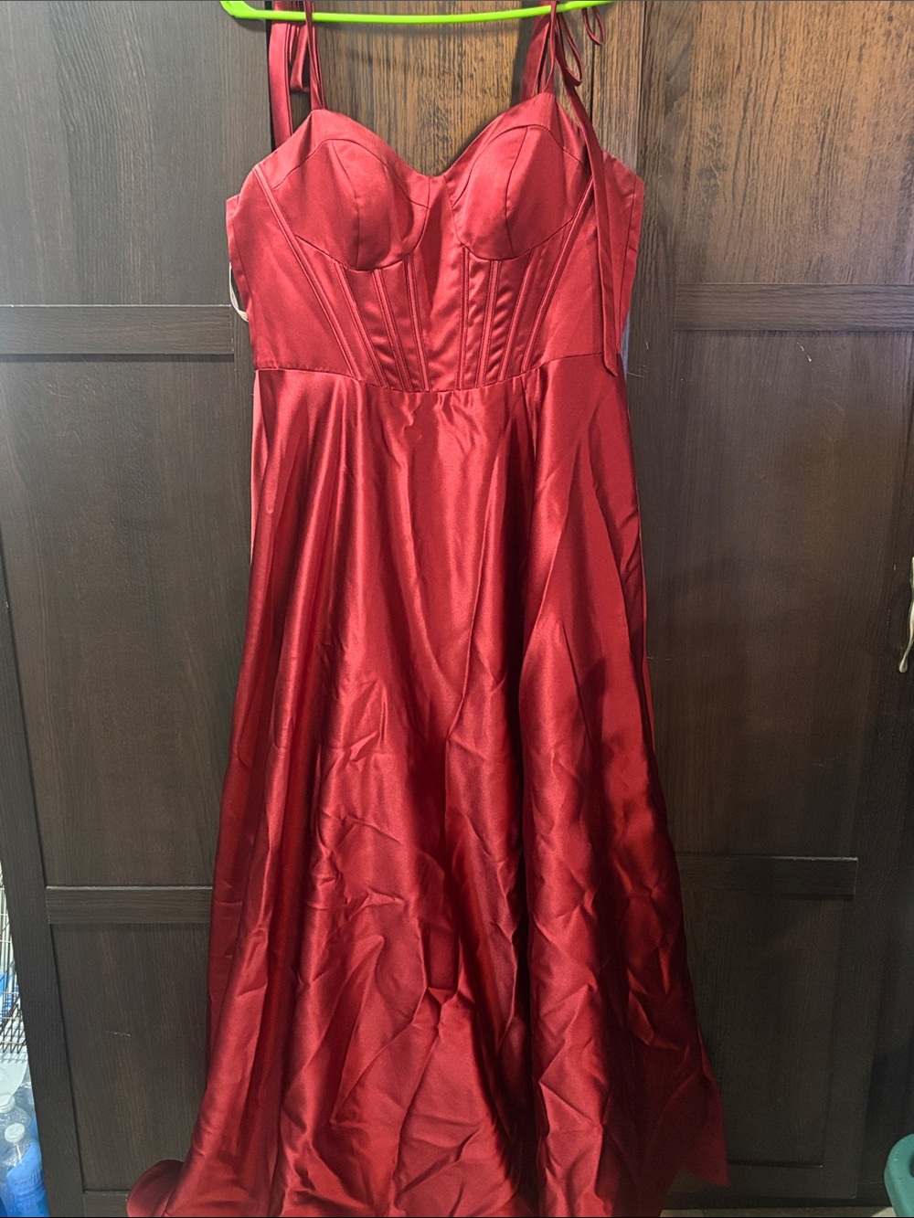 Strap Tie Red Satin Prom Dress with Corseted Bodice